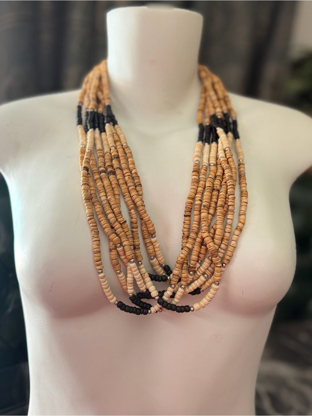 Multi-Strand Tan and Black Beaded Women's Necklace bohemian